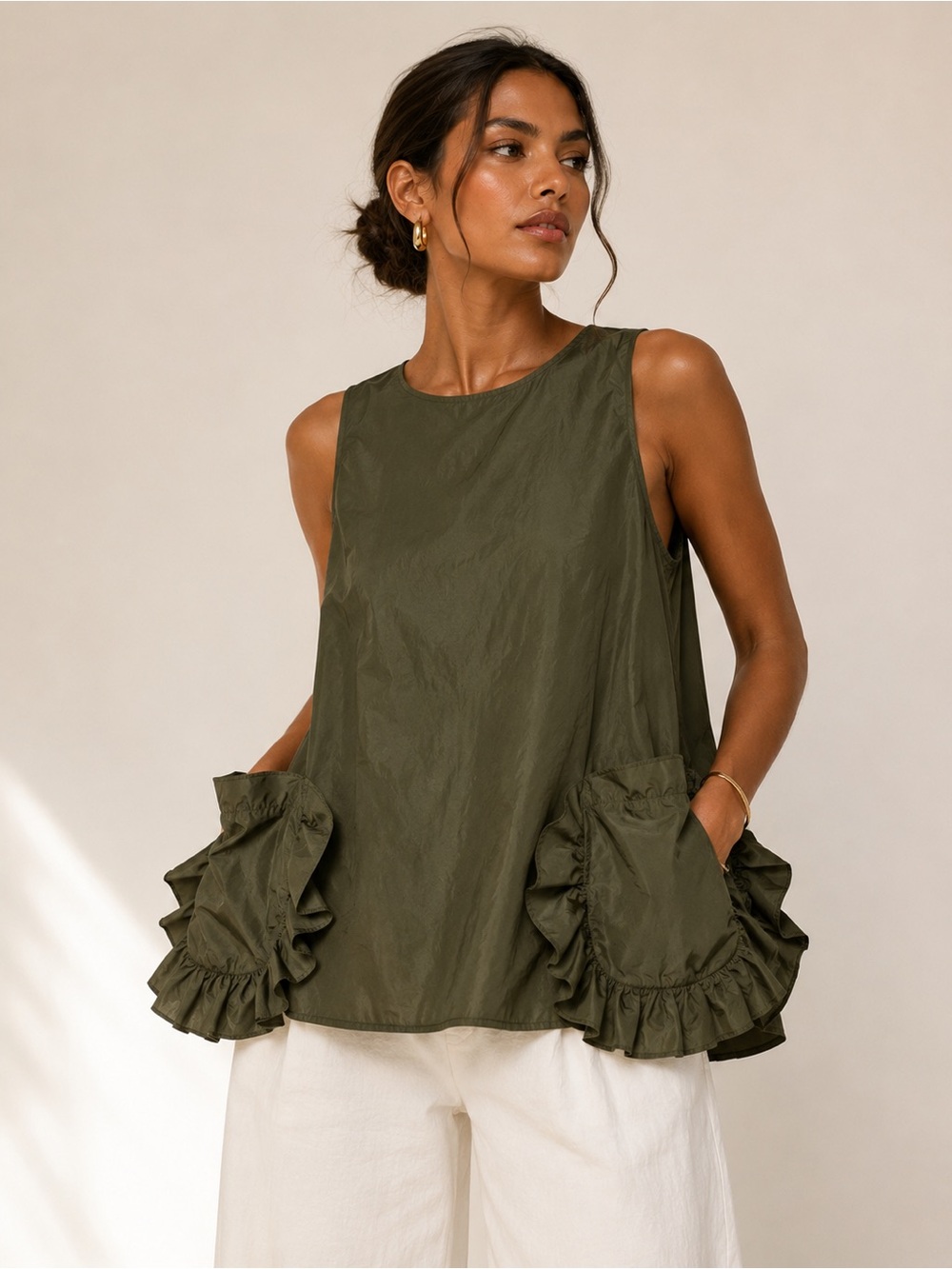 Susanne Bommer Olive Technical Ruffle Pocket Blouse Large $228 Retail